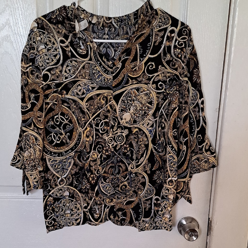 H&M Black and Gold V-Neck Ornate Print Blouse